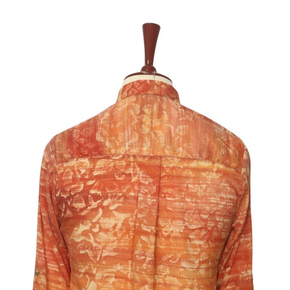 Womens Silky Chiffon Shirt Orange Floral Blouse Button Up Dressy Top Medium Work - Picture 6 of 7